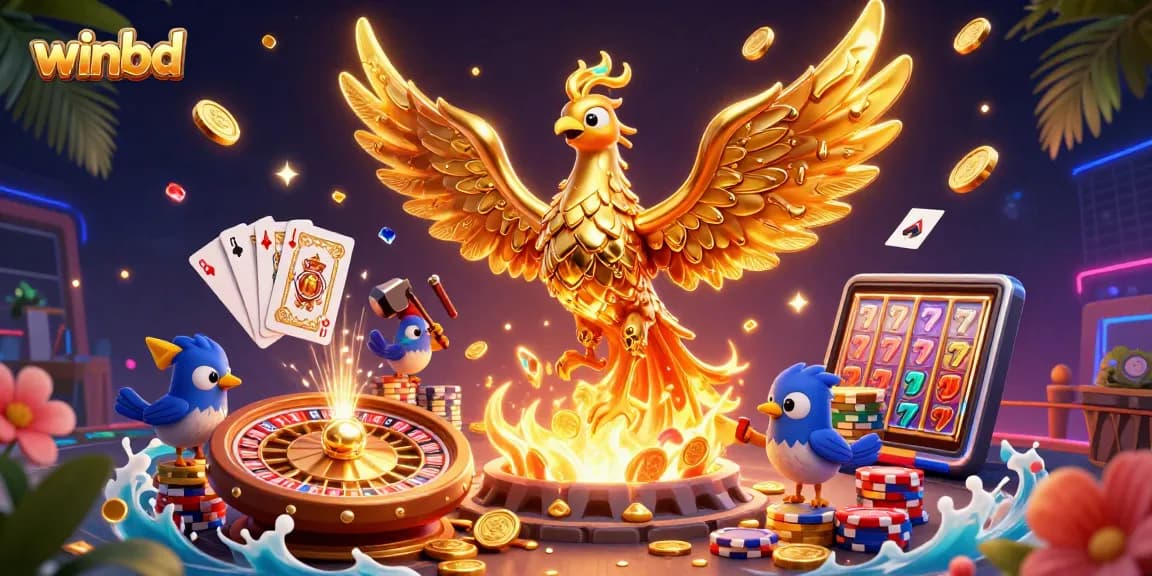 Experience the thrill of winbd with this golden phoenix and dynamic casino scene illustrating vibrant gameplay.