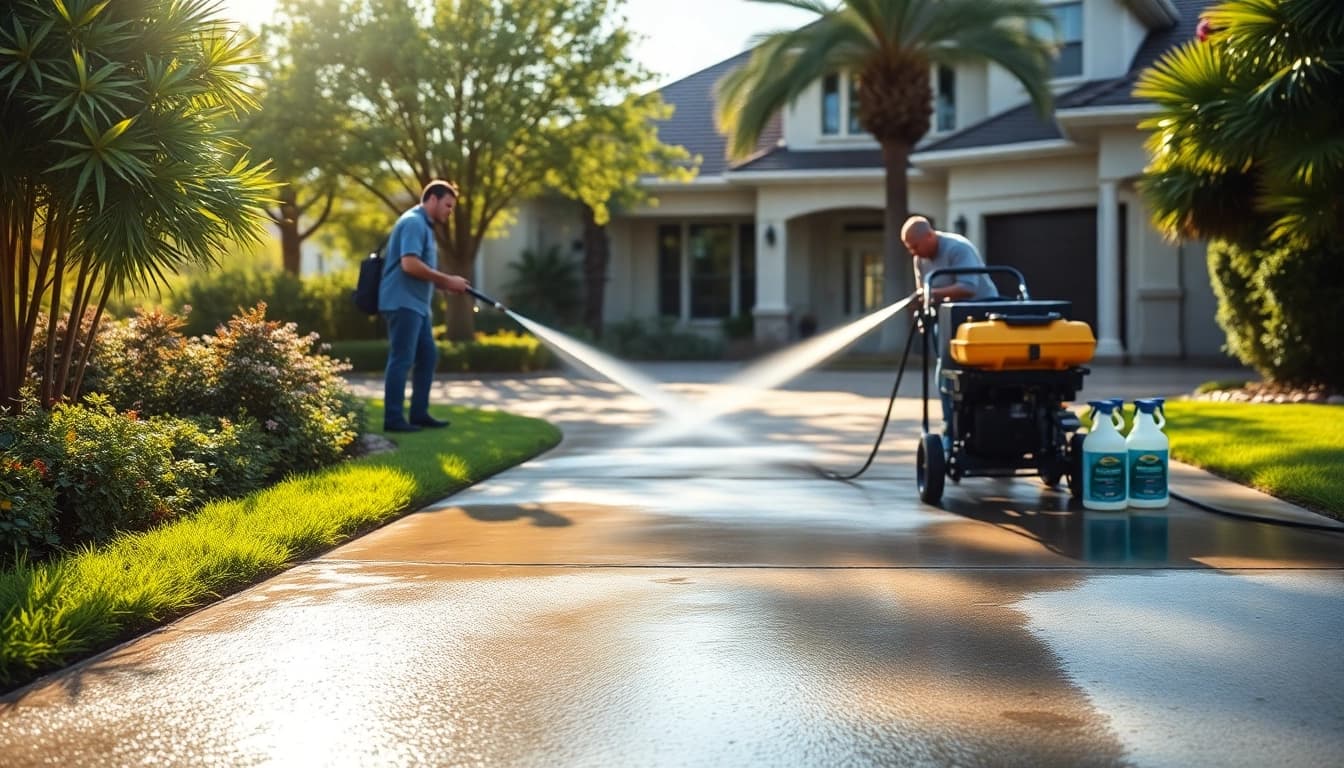 Driveway pressure wash service in Kissimmee, FL, showcasing a clean driveway transformation.