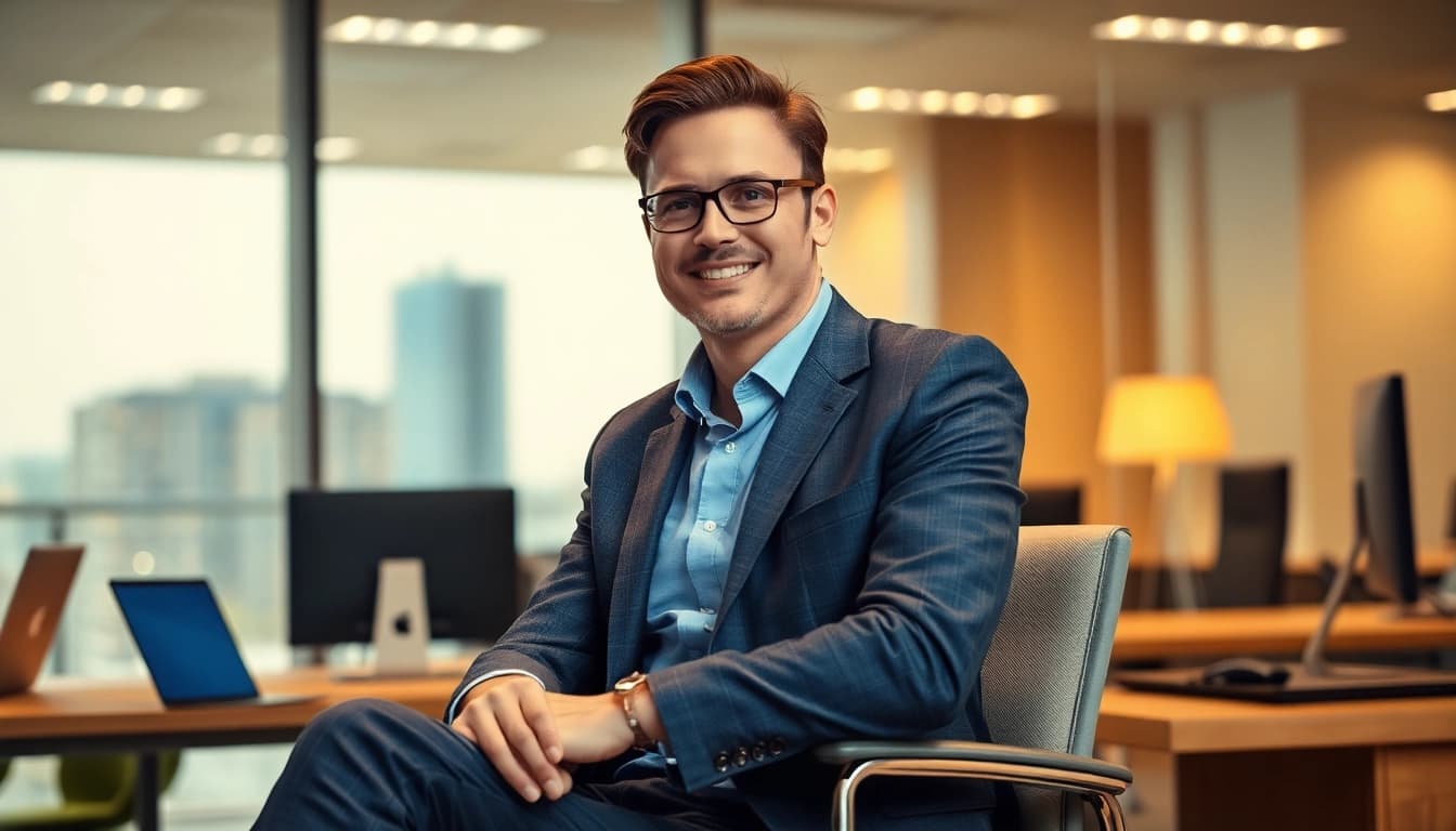 Headhunter Bochum im modernen Büro, lächelnd und professionell, umgeben von Akten und Technologien.