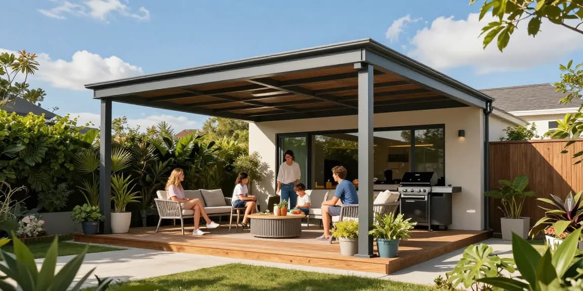Moderne freistehende Terrassenüberdachung im Garten mit Familie bei sonnigem Wetter.