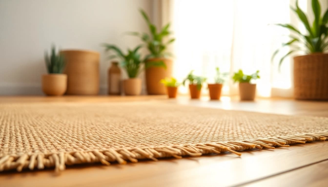 Hanfmatte auf einem Holzfußboden in einem hellen Raum, das natürliche Design betont.