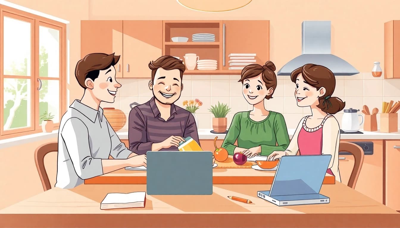 Lernen im Heimunterricht: Familie am Tisch mit Büchern und Laptops.