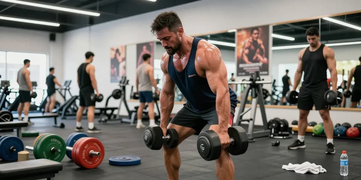 Kraftsportler hebt Gewichte im Steroidshop Fitnessstudio und hebt Intensität sowie Hingabe an das Krafttraining hervor.