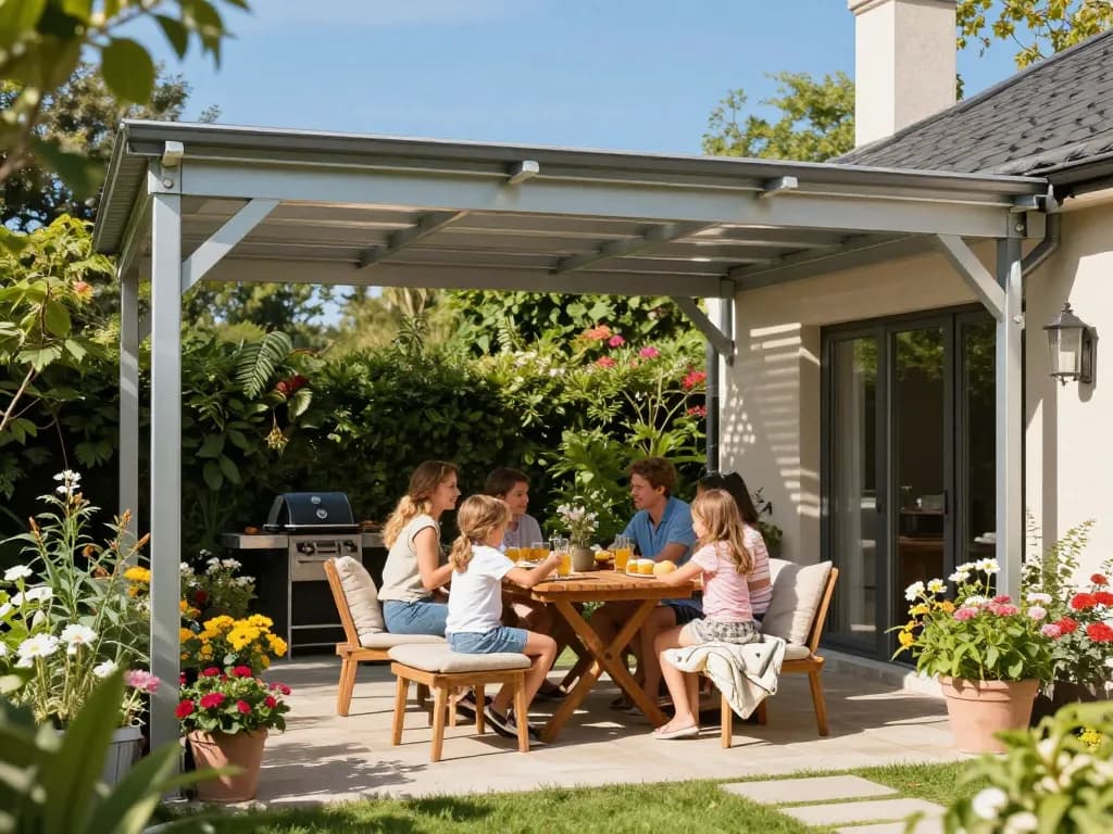 Familie genießt den Komfort im Freien unter einer stilvollen Terrassenüberdachung im Garten