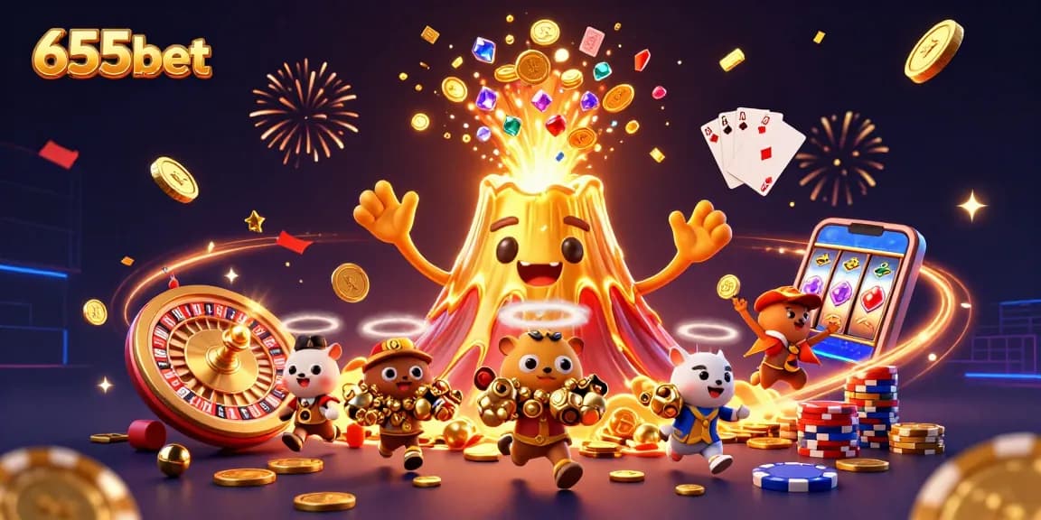 Experience the excitement of 655bet with a vibrant illustration of a golden volcano erupting coins and gems, showcasing thrilling casino elements.