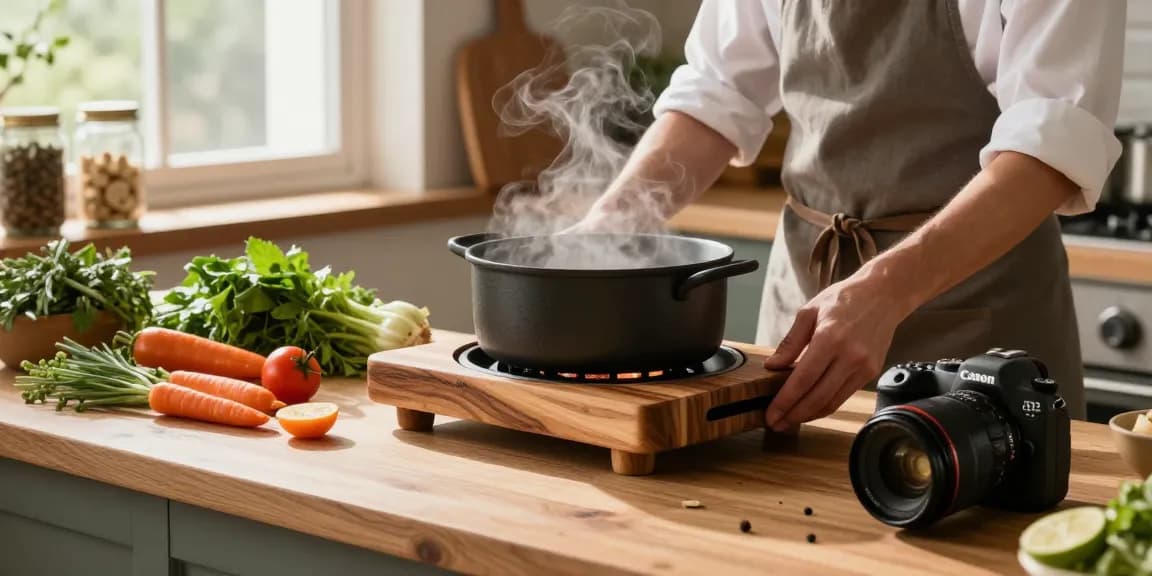 Elegante Topfuntersetzer aus Holz in gemütlicher Küchenszene mit frischen Zutaten.