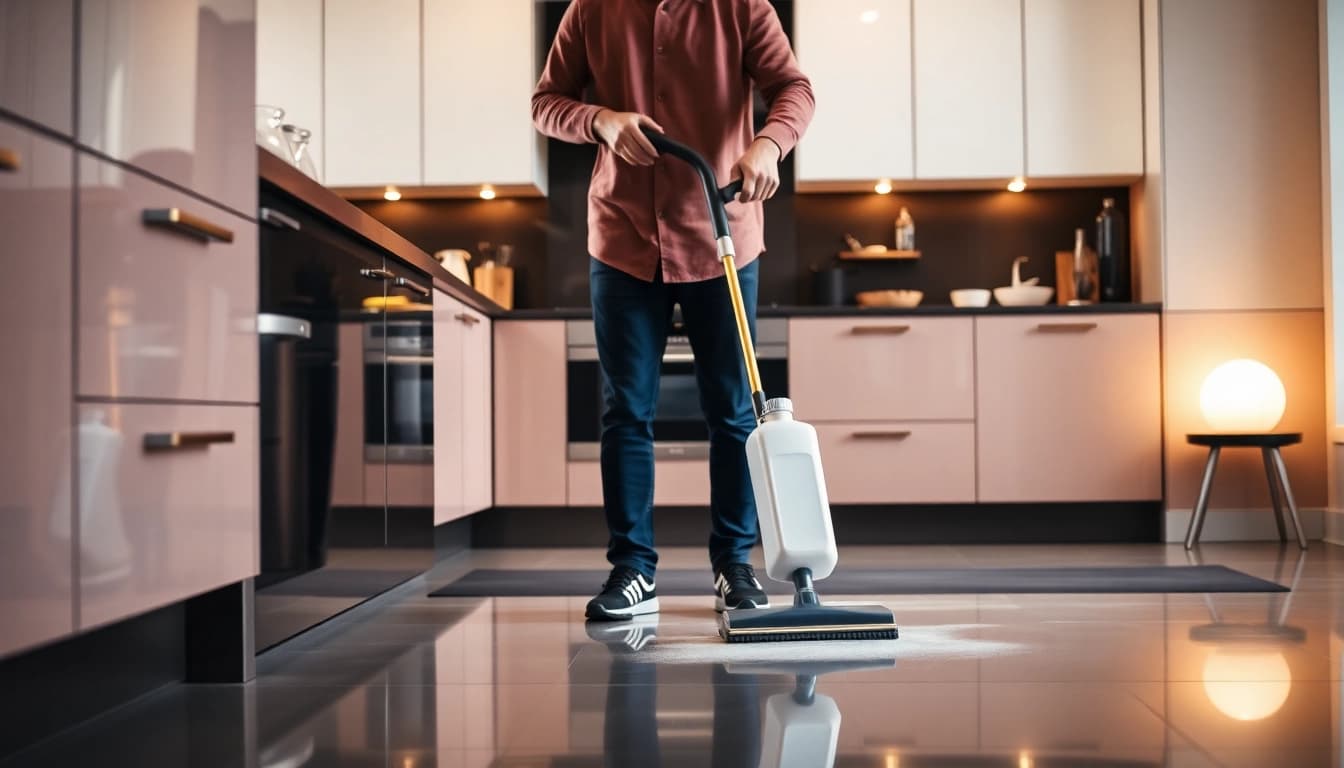 Efficient dampfreiniger effortlessly cleaning a kitchen floor, showcasing sparkling results.