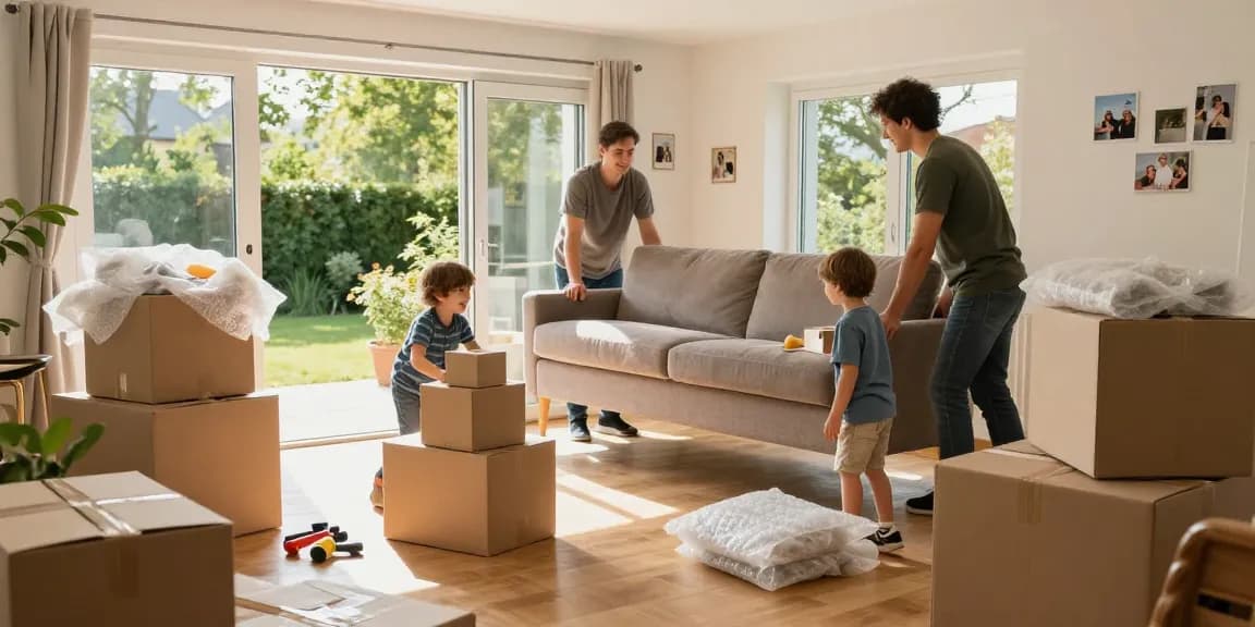 Umzugsunternehmen Bruchsal unterstützt bei einem fröhlichen Umzug einer Familie mit professionellen Umzugshelfern.