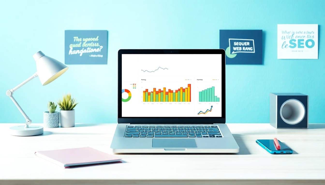 Visualisierung eines Schreibtischs mit Laptop, der den Web-Rang analysiert.