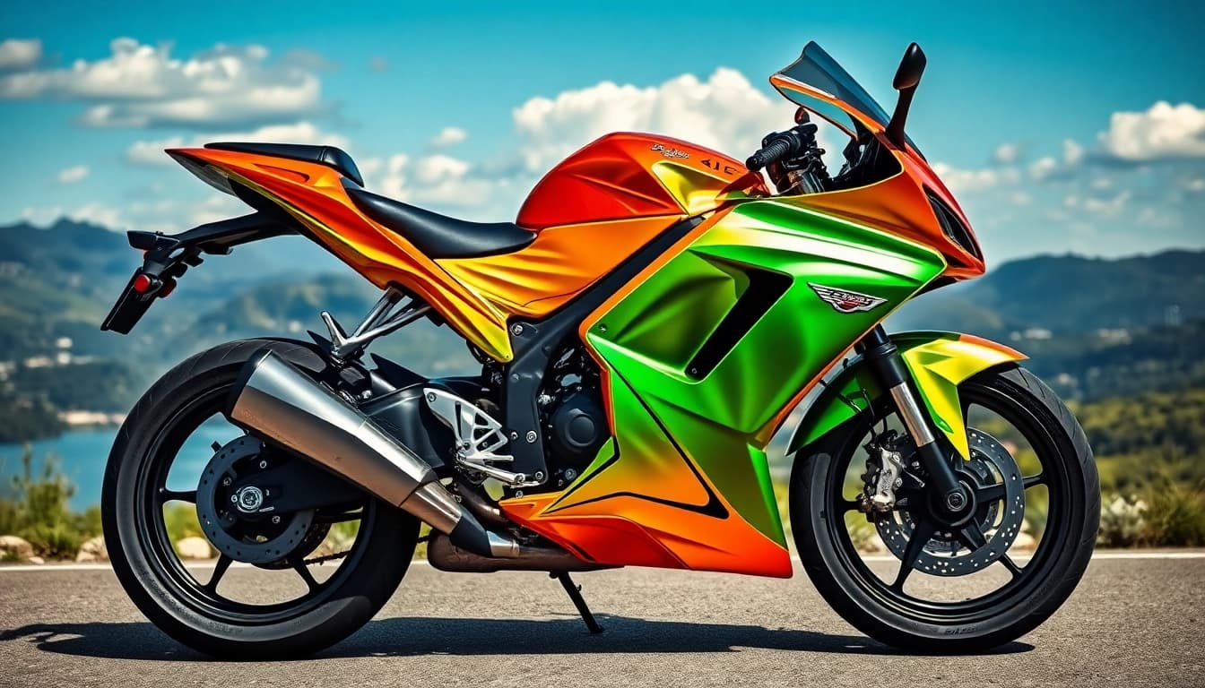 Motorrad folie kaufen: Stylish motorcycle wrapped in colorful foil, showcasing design possibilities for bike enthusiasts.