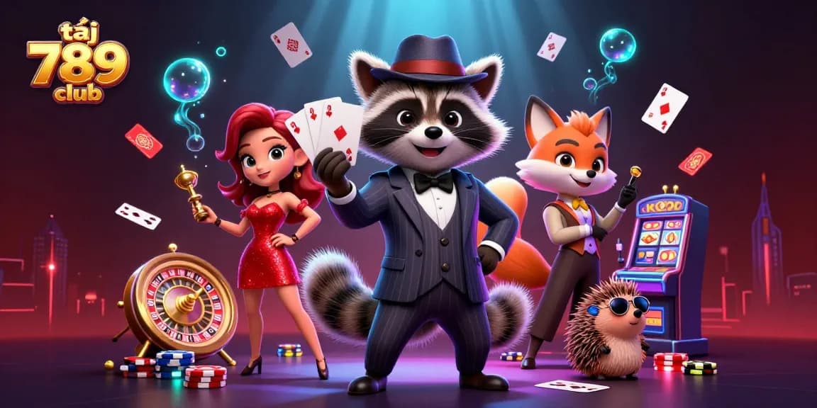Experience the excitement of tải 789 club with our dynamic casino scene featuring poker elements and friendly characters.