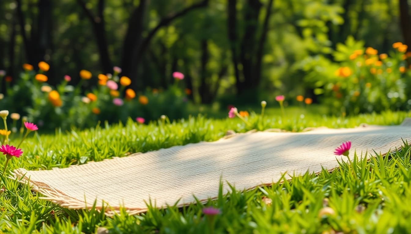 Hanfmatte auf einer natürlichen Wiese mit Blumen, die ihre umweltfreundlichen Eigenschaften zeigen.
