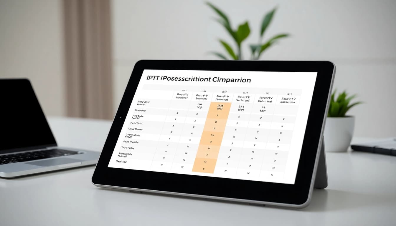 IPTV Abo Vergleich Deutschland auf einem digitalen Tablet im modernen Büro präsentieren