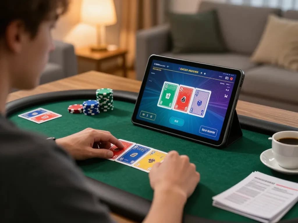 Engaging in an online poker game with 79King com on a cozy home tablet.