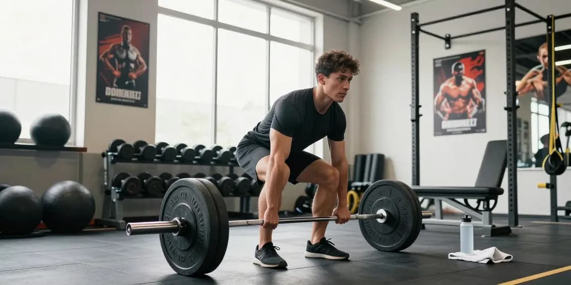 Dynamischer Fitnessbegeisterter hebt Gewichte in einem hellen Fitnessstudio und repräsentiert den Fokus von Anabolika Shop Deutschland auf Kraft und Muskelaufbau.