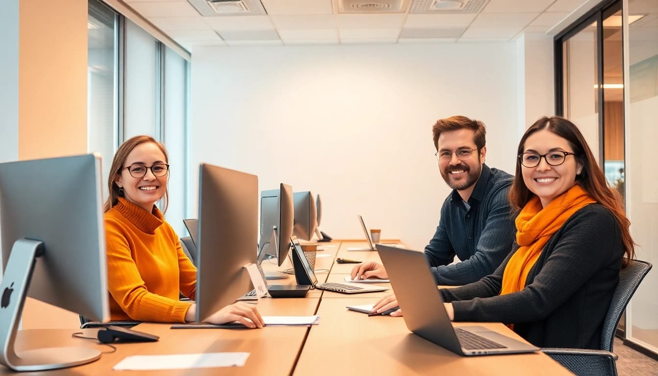 Begeisterte Arbeitssuchende auf der Suche nach Stellenangeboten in einem modernen Büro.