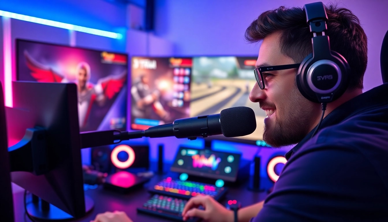Faszinierende Twitch Streamer Österreich in einem modernen Gaming-Setup mit LED-Lichtern.