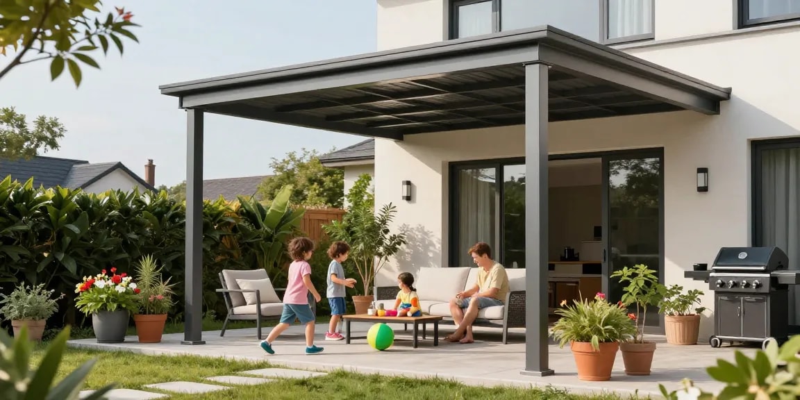 Schöne Terrassenüberdachung mit Familie bei Sonnenlicht, Kinder spielen, moderne Gartenmöbel.