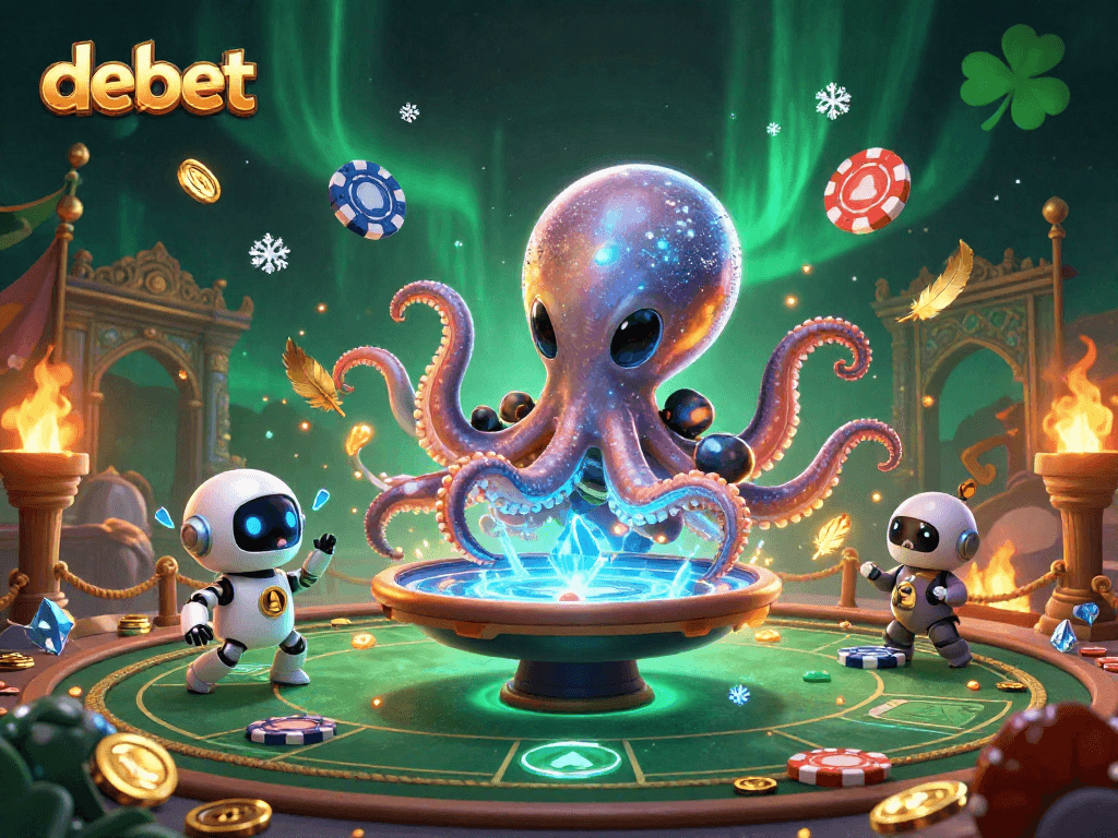 Play poker with debet by a 3D cartoon octopus and robot in a galaxy-themed scene.