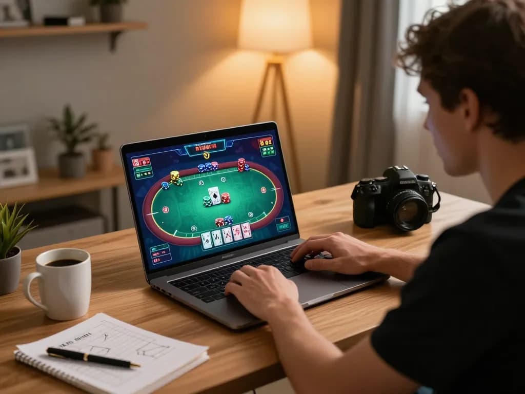 Player enjoying an exciting game of GO88 poker on a sleek laptop, showcasing vibrant graphics and intense gameplay.