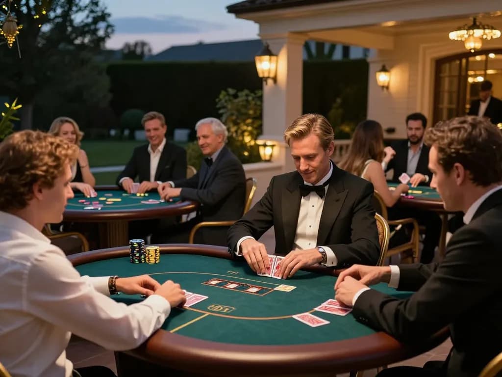 A lively outdoor gaming scene at ai88bet featuring players engaged in high-stakes poker under warm lantern lights
