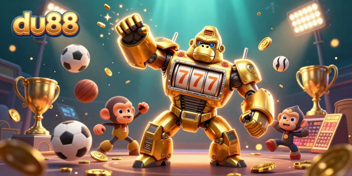 Experience du88 with a dynamic casino scene featuring a golden gorilla mech and sports elements.