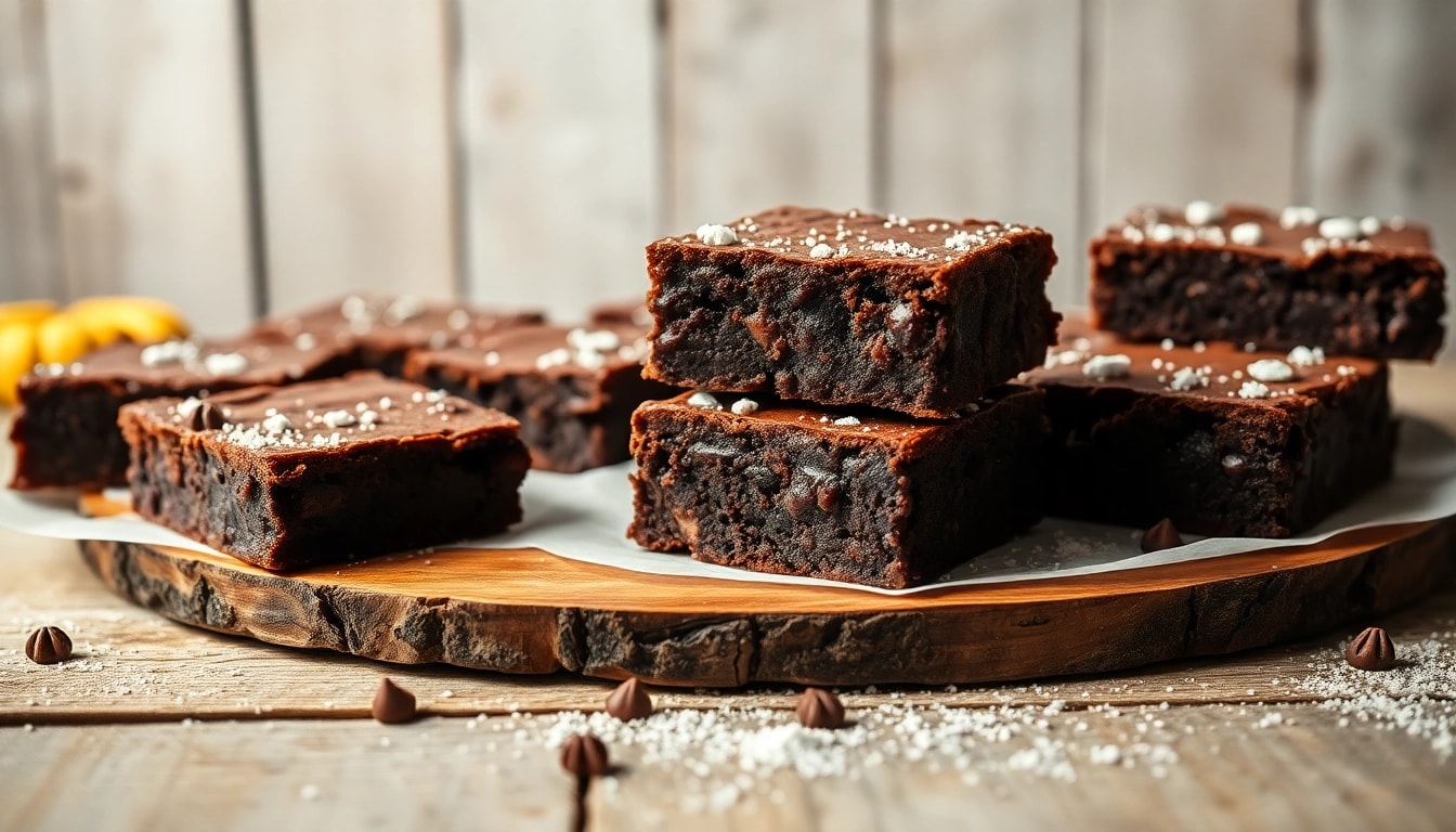 Daga brownies, frisch gebacken und stilvoll angerichtet auf einem Holzbrett, mit Puderzucker bestäubt.