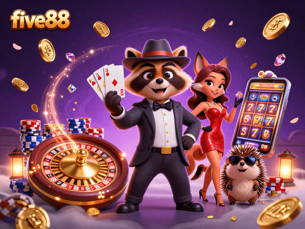 Experience the excitement at five88 with a raccoon dealer, charming fox, and bouncer amid casino games.