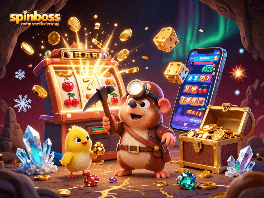 Spinboss ohne Verifizierung: Eine 3D-Casino-Illustration mit Glücksspiel-Elementen und Schätzen.