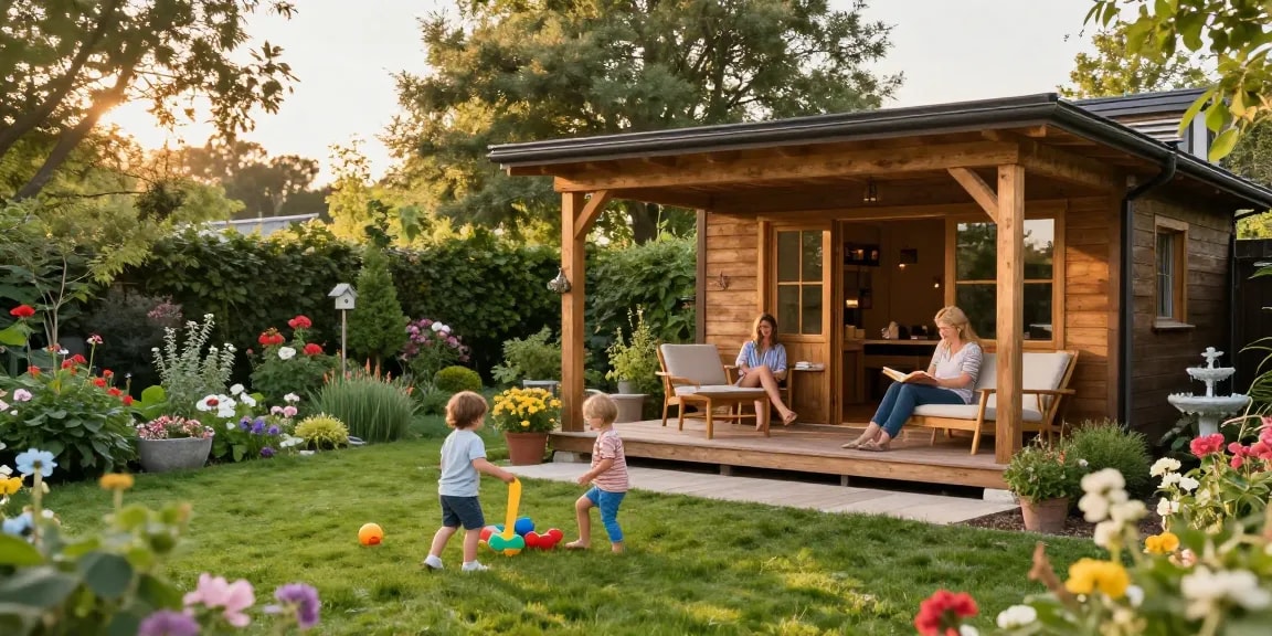 Bequeme Momente im Gartenhaus Holz mit spielenden Kindern und entspannten Eltern.