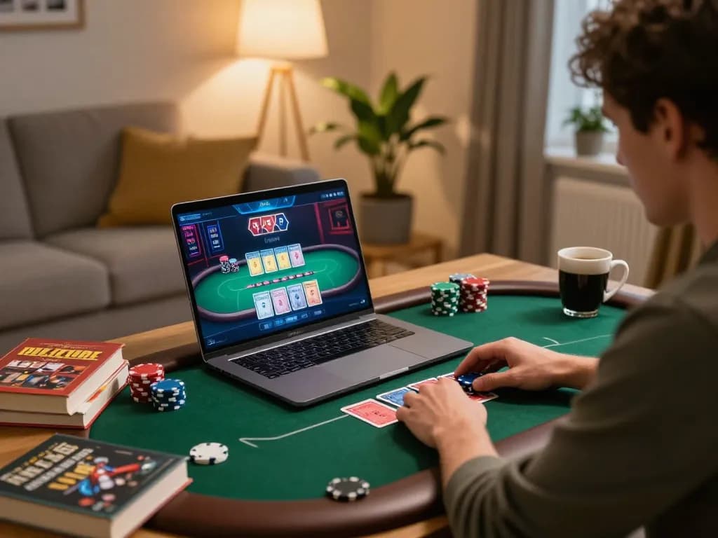 Player engaging in online poker using mb66-t platform in a cozy home setting, showcasing responsible gambling