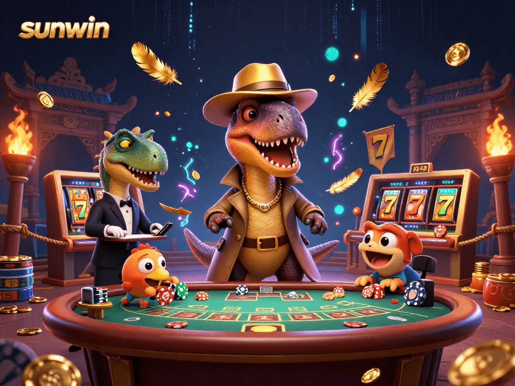 Experience thrilling gameplay at sunwin as cartoon dinosaurs engage in blackjack, showcasing vibrant casino elements.