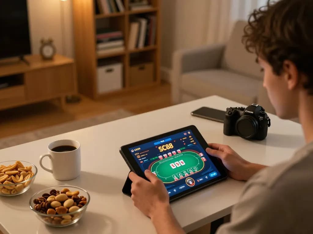 Player engaging with the SC88 app for a thrilling online poker match, showcasing strategic betting and keen focus.
