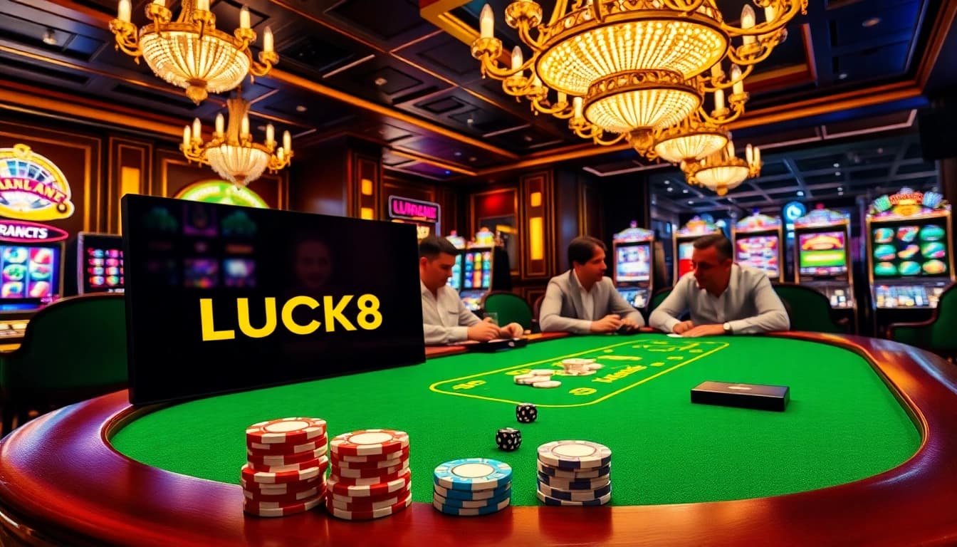 LUCK8 casino players enjoying high-stakes poker at an elegant table with vibrant slot machines in the background.