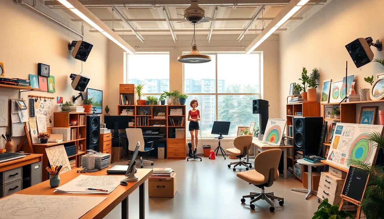 Creative animators collaborating in an Animationsstudio, showcasing sketches and vibrant designs.