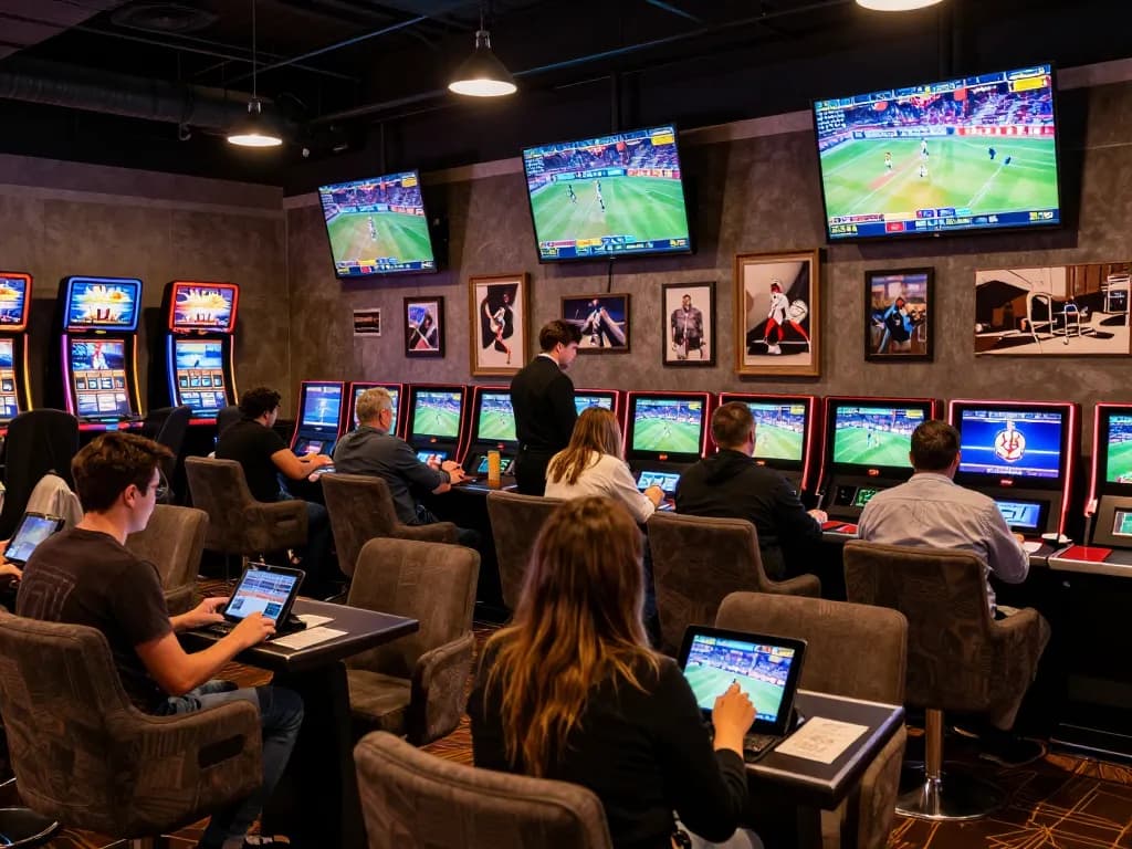 Soi kèo sports betting action with vibrant screens and engaged players in an upscale casino lounge