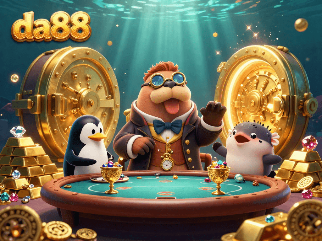 Experience thrilling gameplay at da88 with a jolly walrus and friends enjoying a poker game.