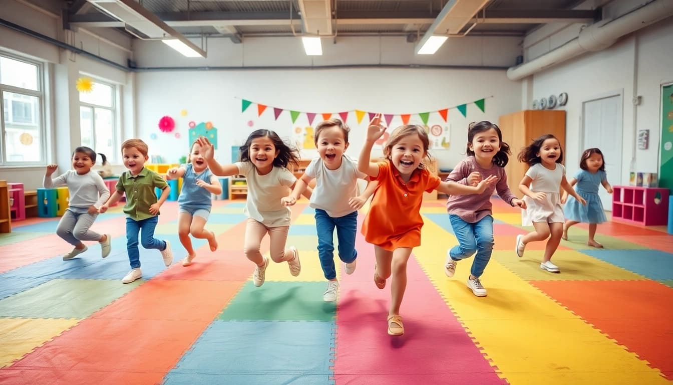 Hier klicken und informieren ueber froehliche Kinder, die Bewegungsspiele drinnen spielen.