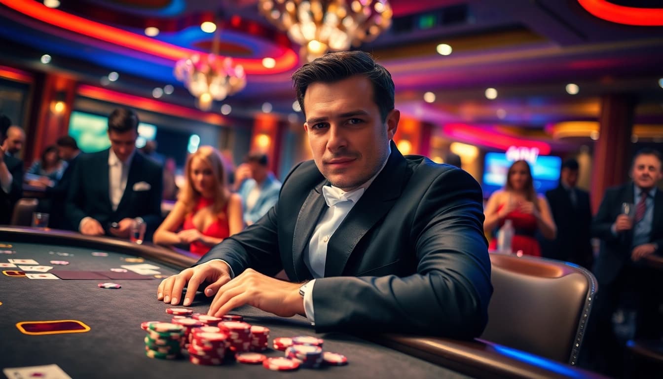 Pflegedienst am Casino-Tisch mit engagierten Spielern und glänzenden Jetons.