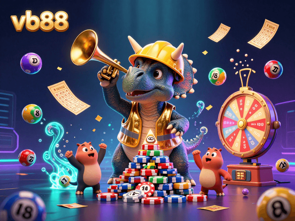 Join the excitement at vb88 with a vibrant scene of animated dinosaurs celebrating wins amid dazzling casino elements.