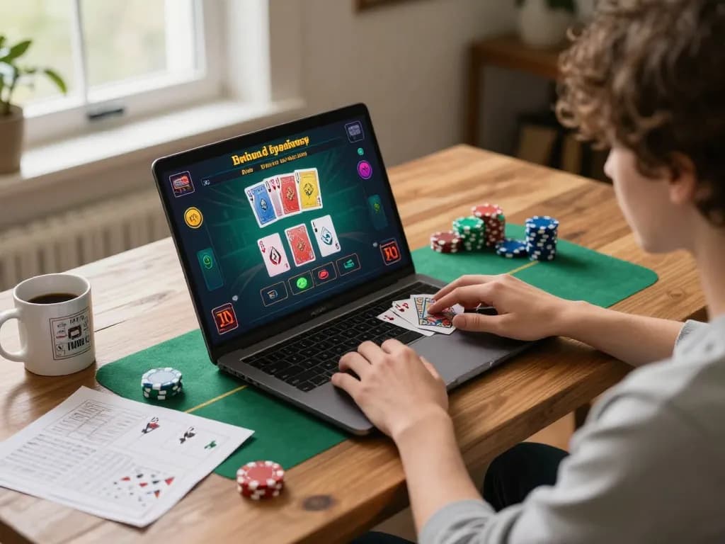 Player engaged in blackjack on their laptop at home, showcasing the exciting bj88bj online gaming experience