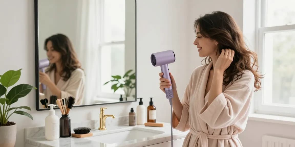 Stylish woman using a compact hair dryer in a bright bathroom with natural light.