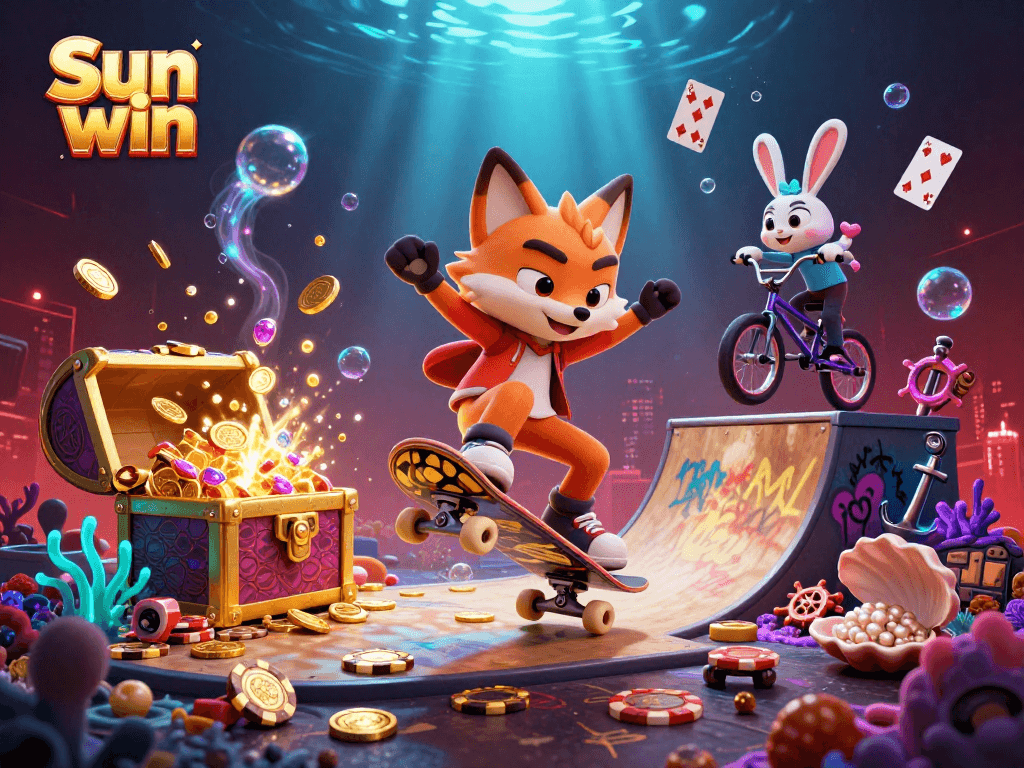 Experience the thrills of Sun win with a vibrant casino-themed 3D scene filled with action and excitement.