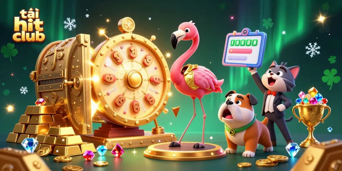 Experience excitement at tải hit club with a vibrant scene of a game show host, bulldog contestant, and prizes!