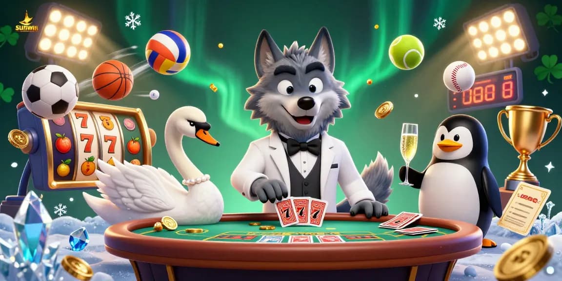 Experience the excitement of sunwin casino with a debonair wolf at a baccarat table amidst lively gaming elements.