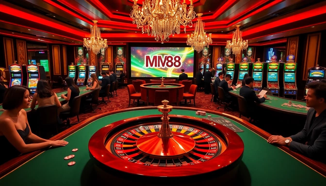 Players engaging in high-stakes gaming at an MM 88-themed casino, surrounded by vibrant roulette and slot machines.