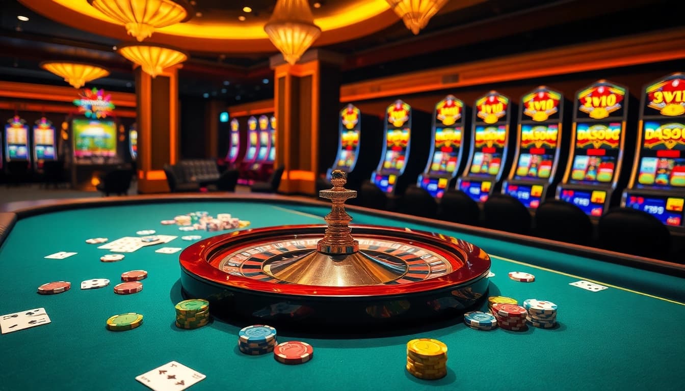 Experience the thrill of 52WIN at a luxurious casino with vibrant gaming tables and slots.