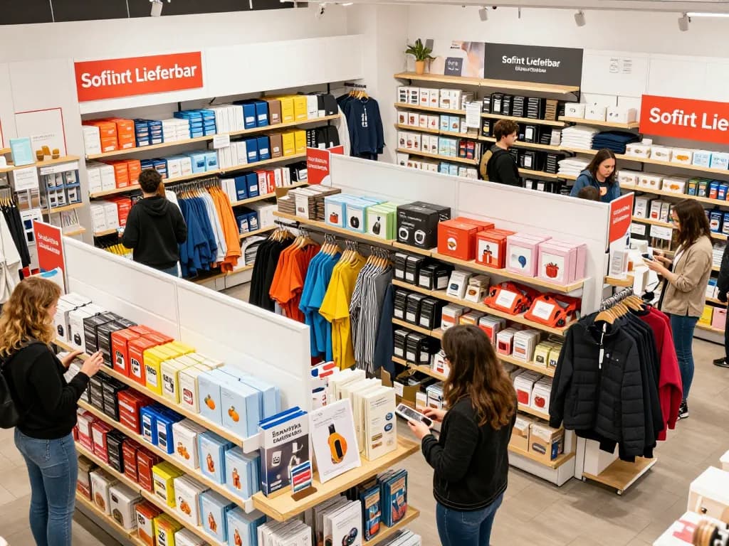 Sofort Lieferbar Produkte in einem lebhaften E-Commerce-Einzelhandelsgeschäft ausgestellt, die sofortige Verfügbarkeit präsentieren.