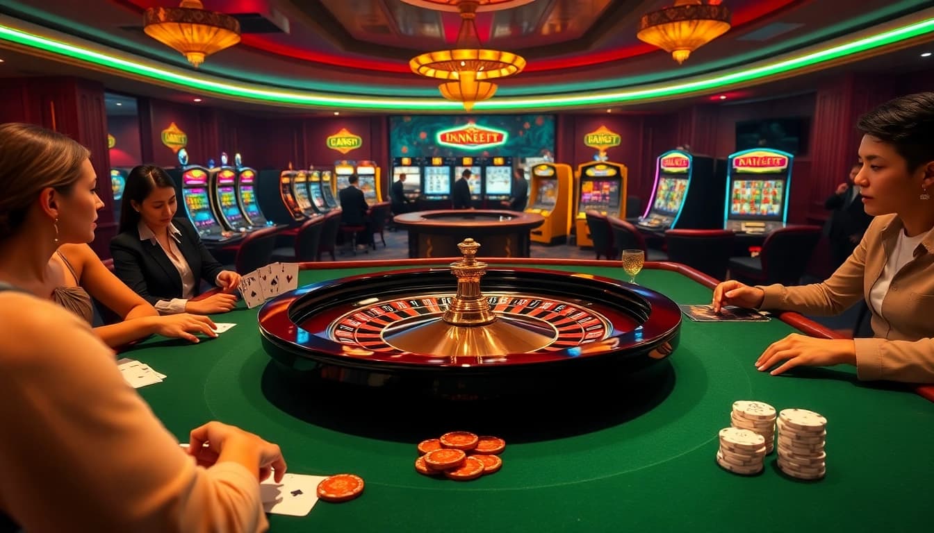 Experience the thrill of RR88 with vibrant casino games around an elegant roulette table.