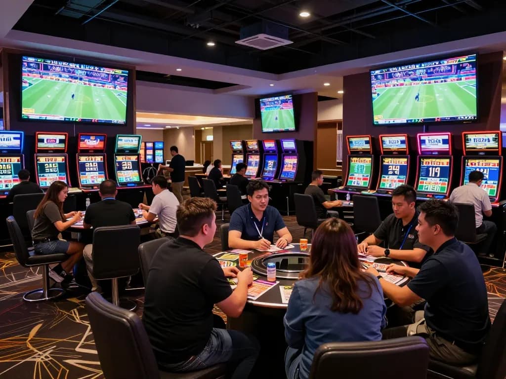 Tỷ lệ nhà cái displayed on live betting screens in a bustling casino sports lounge.